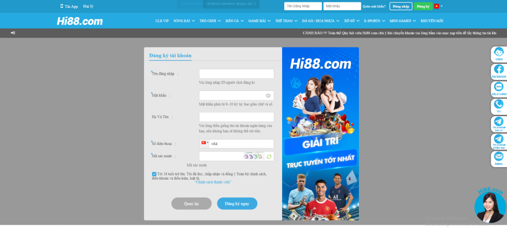 Đăng ký tài khoản Hi88 nhanh chóng - Uy Tín
